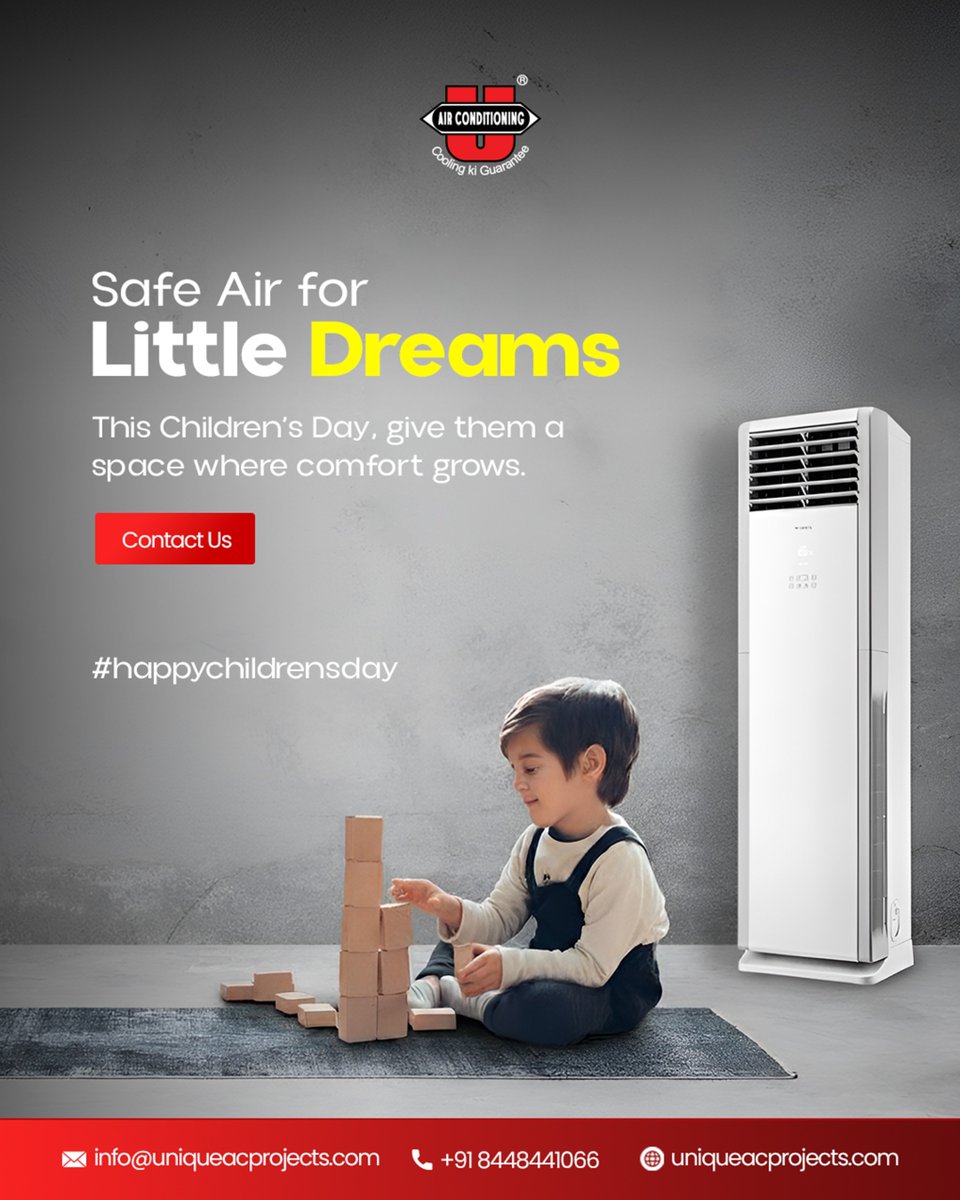 UniqueAirPune's tweet image. Comfortable air, happy little moments.
Wishing every child a safe and joyful Children’s Day!
info@uniqueacprojects.com
+91 8448441066
uniqueacprojects.com
#HVACSolutions #AirConditioning #CoolingExperts #SmartCooling #EnergyEfficient #HVACTechnology #CommercialCooling