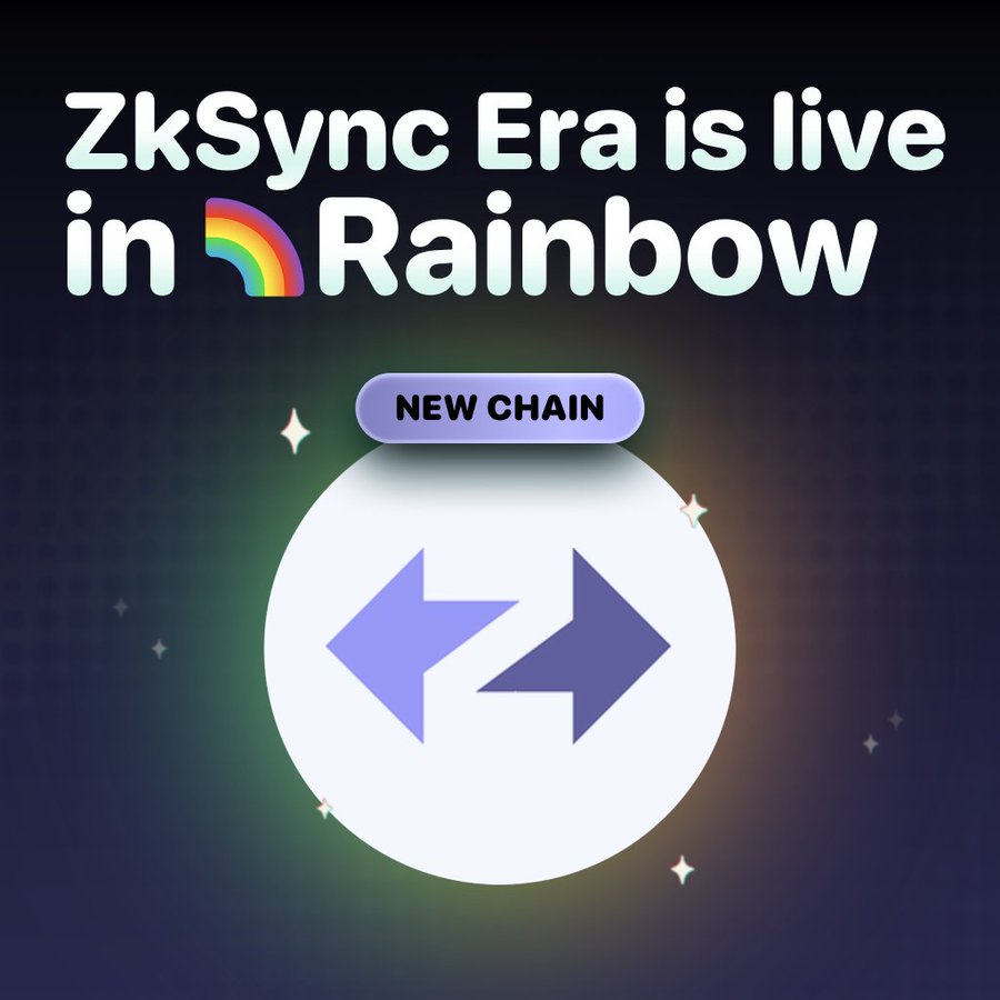Another  supported chain is ZKsync Era!
Built on zero-knowledge tech for speed, privacy, and performance — now in Rainbow.