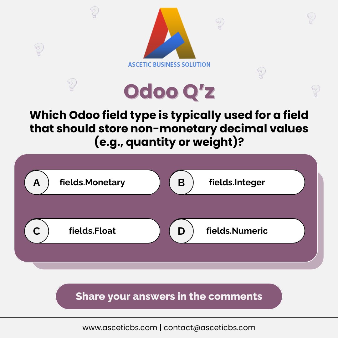 AsceticBs's tweet image. Every week, we bring you a quick quiz to sharpen your Odoo skills.

Whether you&apos;re a developer, consultant, or enthusiast — it’s your chance to test your knowledge and learn something new!

#OdooQuiz  #LearnWithAscetic  #OdooExperts #AsceticBusinessSolution #OdooQuiz
