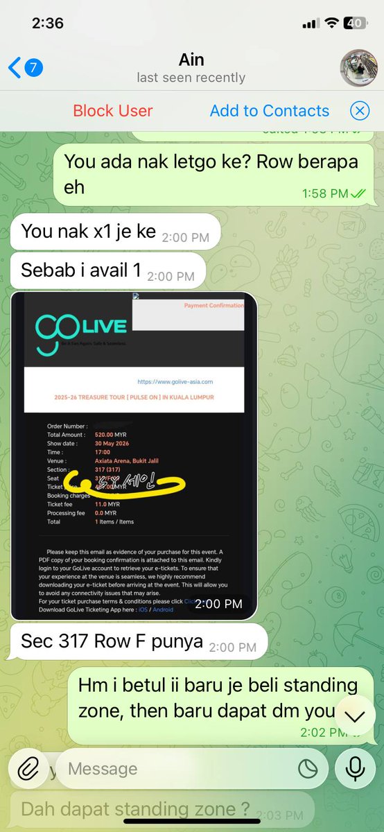 KyuWoo_0928's tweet image. Scammer Alert on tele @ciawowo 😡

Use my #TREASUREinKL ticket proof with my username to sell the tickets on tele. And have a victim just dm me after she be scam.

Guys pls be attention before purchase with any seller yang selling tickets.
#PULSEONinKL #PULSE_ON_IN_KL