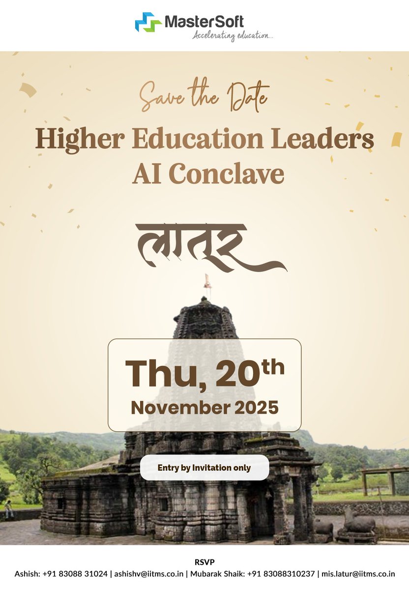 mastersoft_erp's tweet image. Save the Date!

The Higher Education Leaders AI Conclave – Latur is happening on 20th November 2025.
An exclusive gathering of leaders shaping the future of Higher Education, AI, and EdTech in India.

📍 Venue: Latur | 🗓️ Date: 20th November 2025
🔑 Entry: By Invitation Only