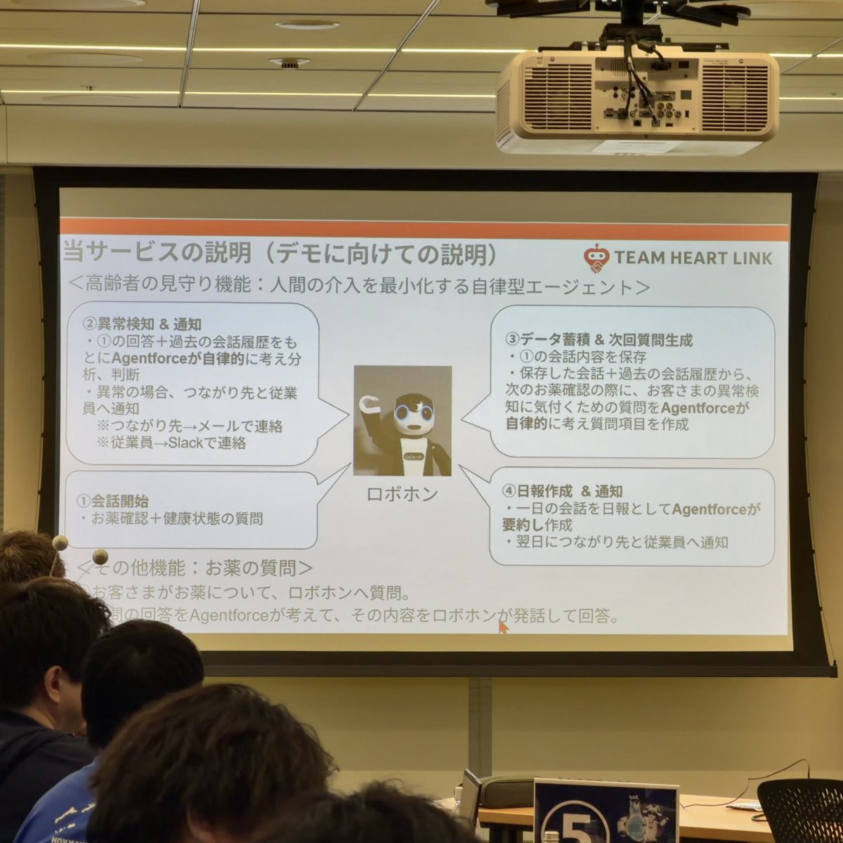 SalesforceDevJP's tweet image. #Agentforce Hackathon Tokyo、続いては TEAM HEART LINK さんです！
ロボホンが AI (Agentforce) を活用して高齢者と会話し、服薬確認や体調の異変を察知、孤独死の不安を解消します！
自動作成された日報は Salesforce で管理され、家族や友人へ Slack で共有されます。
#AHT2025
