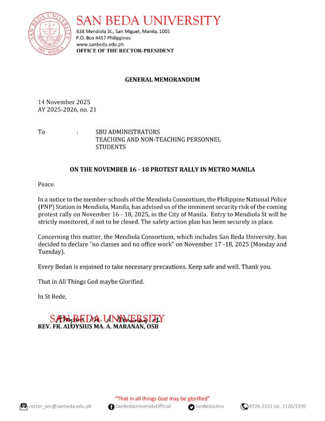 General Memorandum No. 21 AY 2025-2026.

Protest Rally in Metro Manila