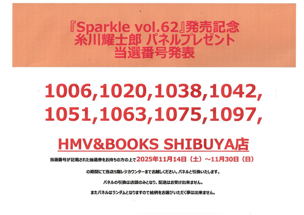 糸川耀士郎】 『Sparkle vol62』発売記念パネルプレゼント当選発表