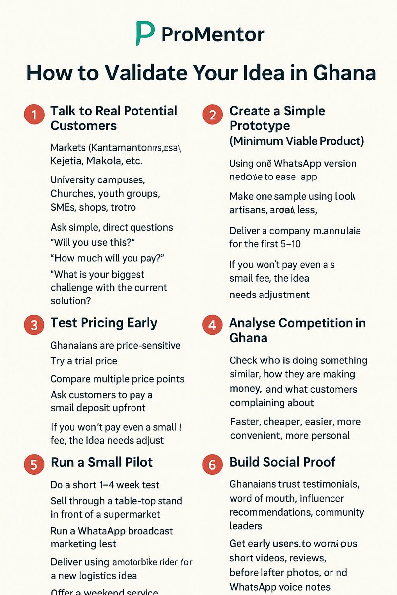 thepromentor_'s tweet image. Before you launch it, validate it!
Ghanaian entrepreneurs can save time and money by testing their ideas early:
• Talk to customers
• Test pricing
• Run a mini pilot
• Build social proof

#ProMentor #IdeaValidation #StartupsGH #SMEGhana #Entrepreneurship