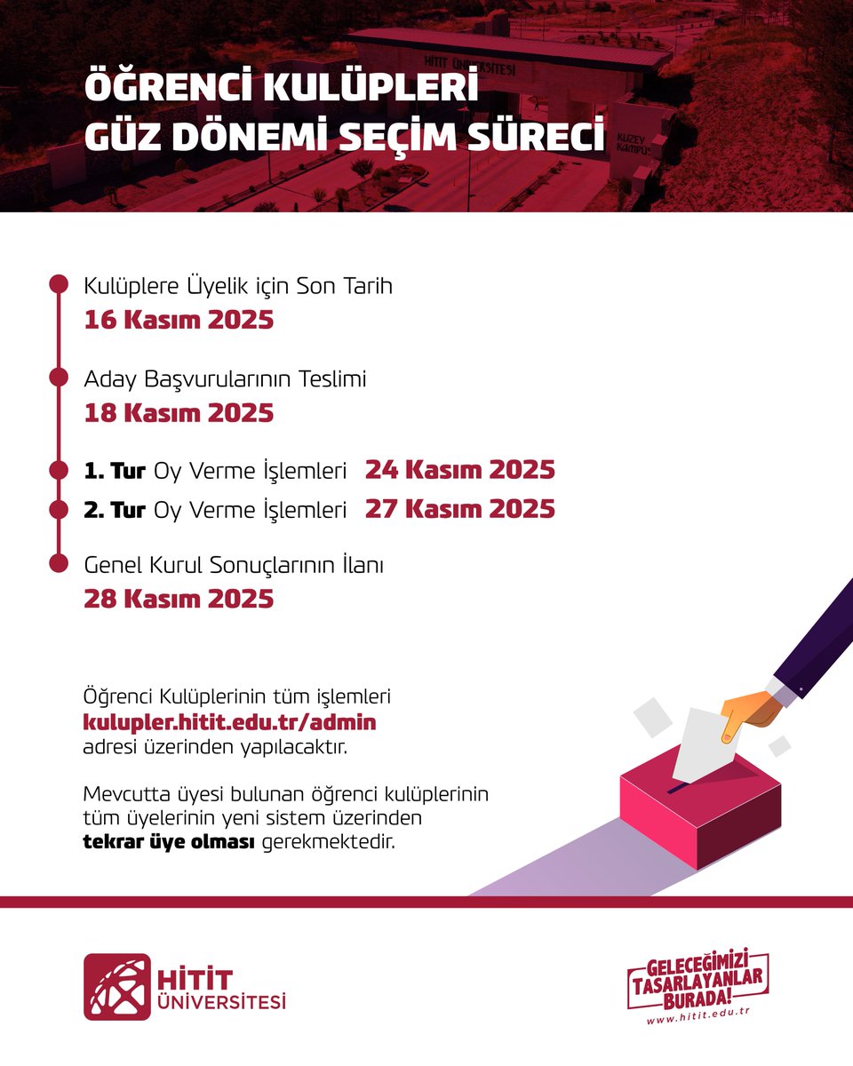 Öğrenci Kulüpleri Güz Dönemi Seçim Süreci📢

Öğrenci Kulüplerinin tüm işlemleri kulupler.hitit.edu.tr/adin adresi üzerinden yapılacaktır.

#HititÜniversitesi <a href="/ProfAliOzturk/">Ali Osman Öztürk</a>