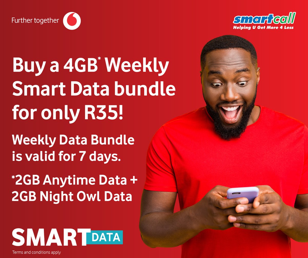 SmartcallVSP2's tweet image. Dive into the digital world with Smartcall SmartData bundle: Get Vodacom 2GB + 2GB for just R35! 

Perfect for binge-watching &amp;amp; scrolling through your favorite feeds.  Choose smart, stay connected! 
Don’t wait—grab this deal today!📷 

#GetMore4Less