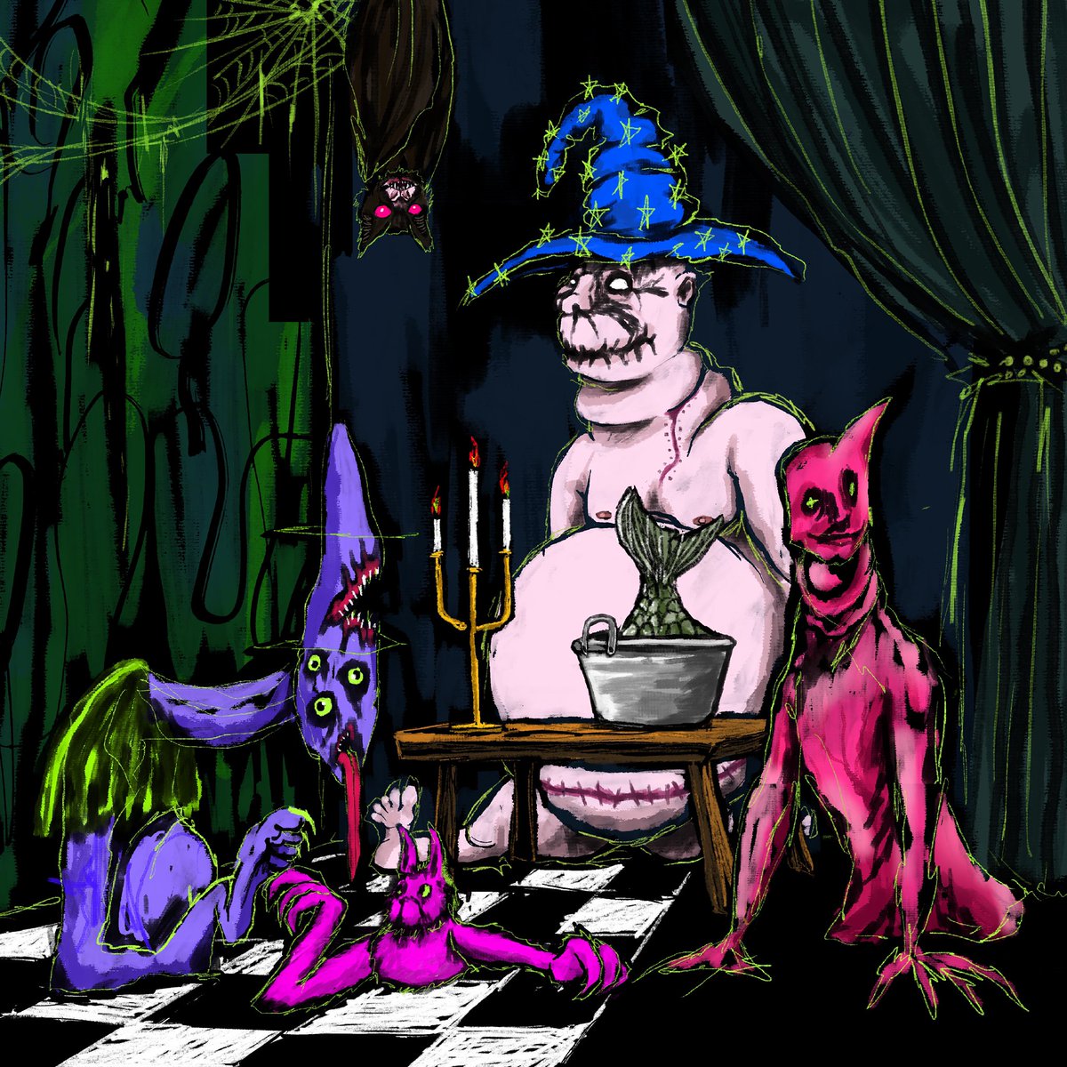 xeriesjame_art's tweet image. 👁️ GM fam! I have to admit that lately 
my brain has been quite foggy 
from staying up late every night 
taking care of my son. My creativity 
has decreased a lot but I still have time 
to refine these monsters and gather 
them together in a dark room, Haha

“Meeting of Grotesque…