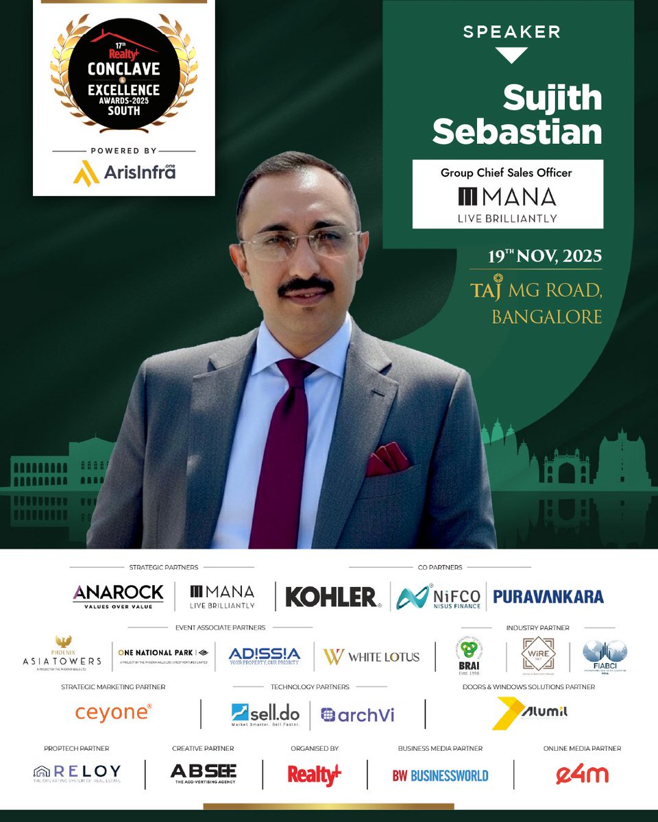 RPRealtyPlus's tweet image. 3 leaders. 1 power-packed stage. 🚀
Catch Sujith Sebastian , Rajesh Subramani &amp;amp; M. V. Manikandan  as they decode South India’s real estate future.

📅 19 Nov | 📍 Taj MG Road, Bangalore
#RealtyPlusSouth #RealEstateLeaders #FutureOfRealEstate