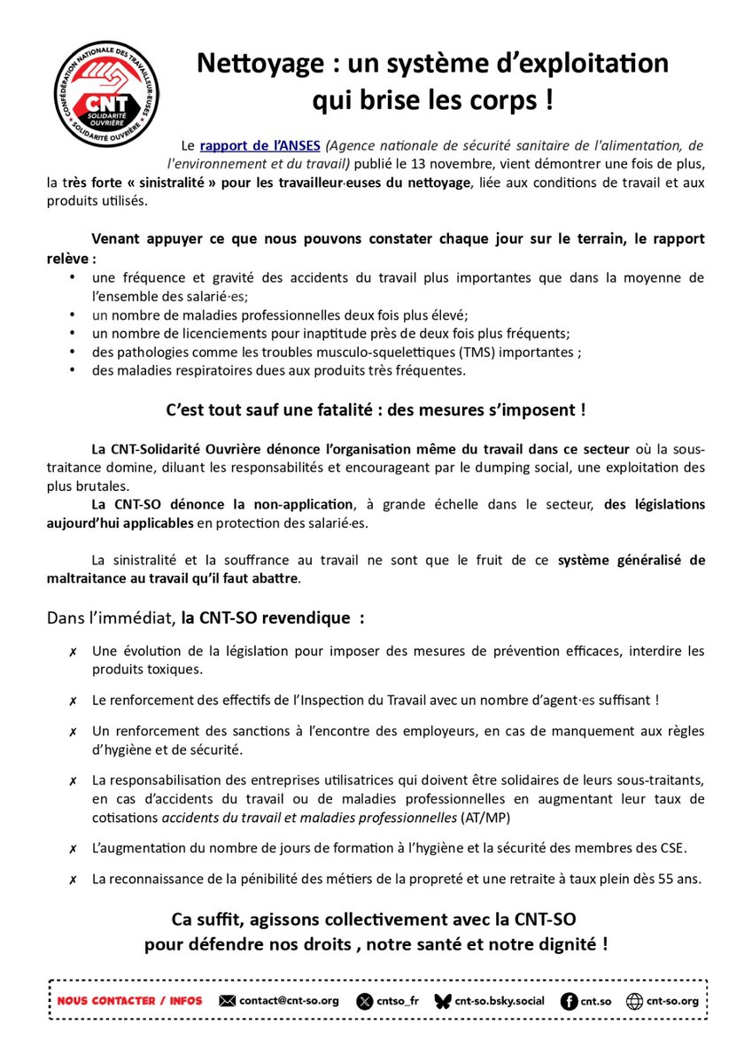 cntso_fr's tweet image. Un rapport de l&apos;ANRES vient pointer la forte sinistralité pour les travailleur-euses du #nettoyage lié aux conditions de travail et produits utilisés. C&apos;est le fruit d&apos;un système d&apos;exploitation qui génère souffrance et maltraitance au travail. Organisons-nous pour l&apos;abattre 🤝✊