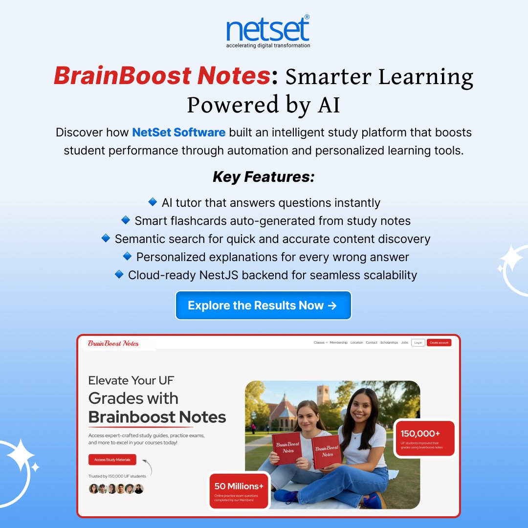 NetSet_Software's tweet image. We built BrainBoost Notes — an AI-powered learning platform that makes studying smarter, not harder.
🔍 Semantic search | 🤖 AI tutor | 📚 Auto flashcards | 🎓 Personalized feedback
Powered by NestJS.
Dive into the case study: netsetsoftware.com/case-study/Bra…
#EdTech #AI #NetSetSoftware