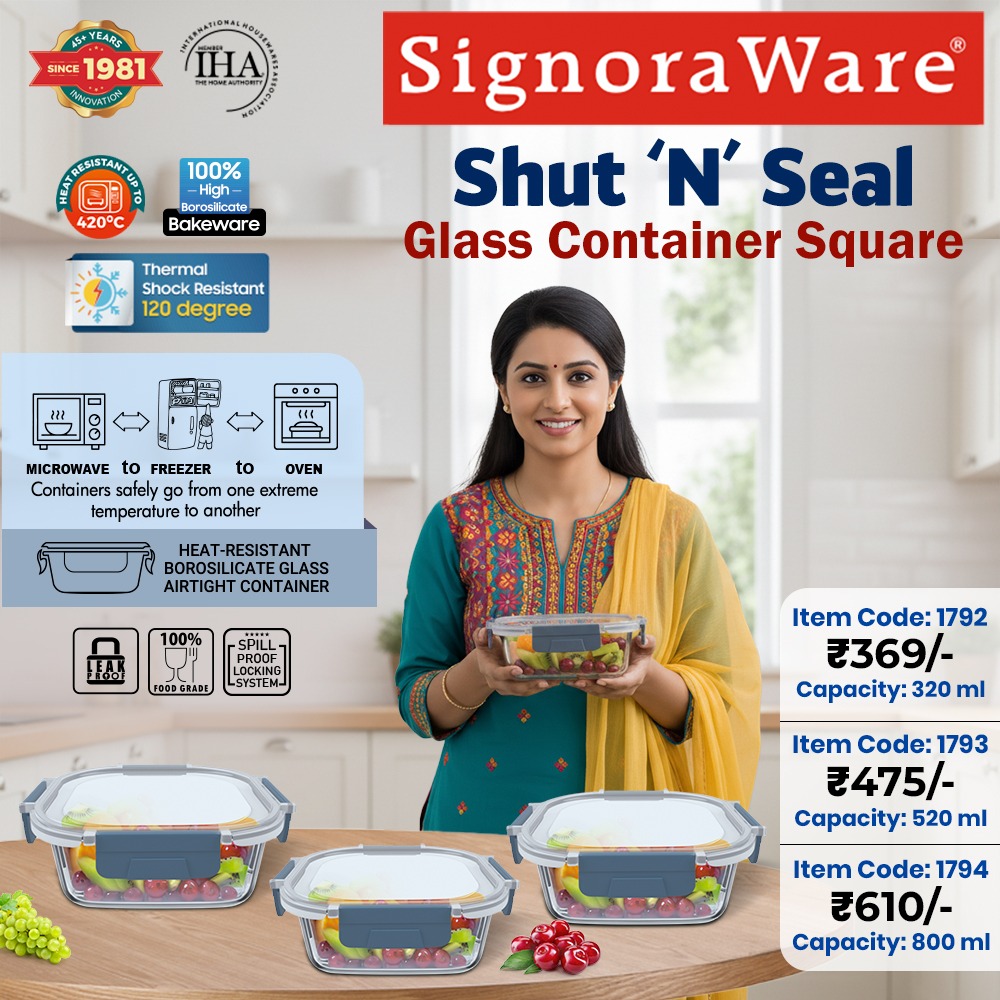 SignoraWare's tweet image. Seal in freshness, serve with confidence✨

Make every meal look and taste its best with SignoraWare’s Shut ‘N’ Seal Glass Container Square - designed for smart storage and effortless living.

#SignoraWare #ShutNSeal #GlassContainers #KitchenEssentials #SmartStorage #FreshLiving
