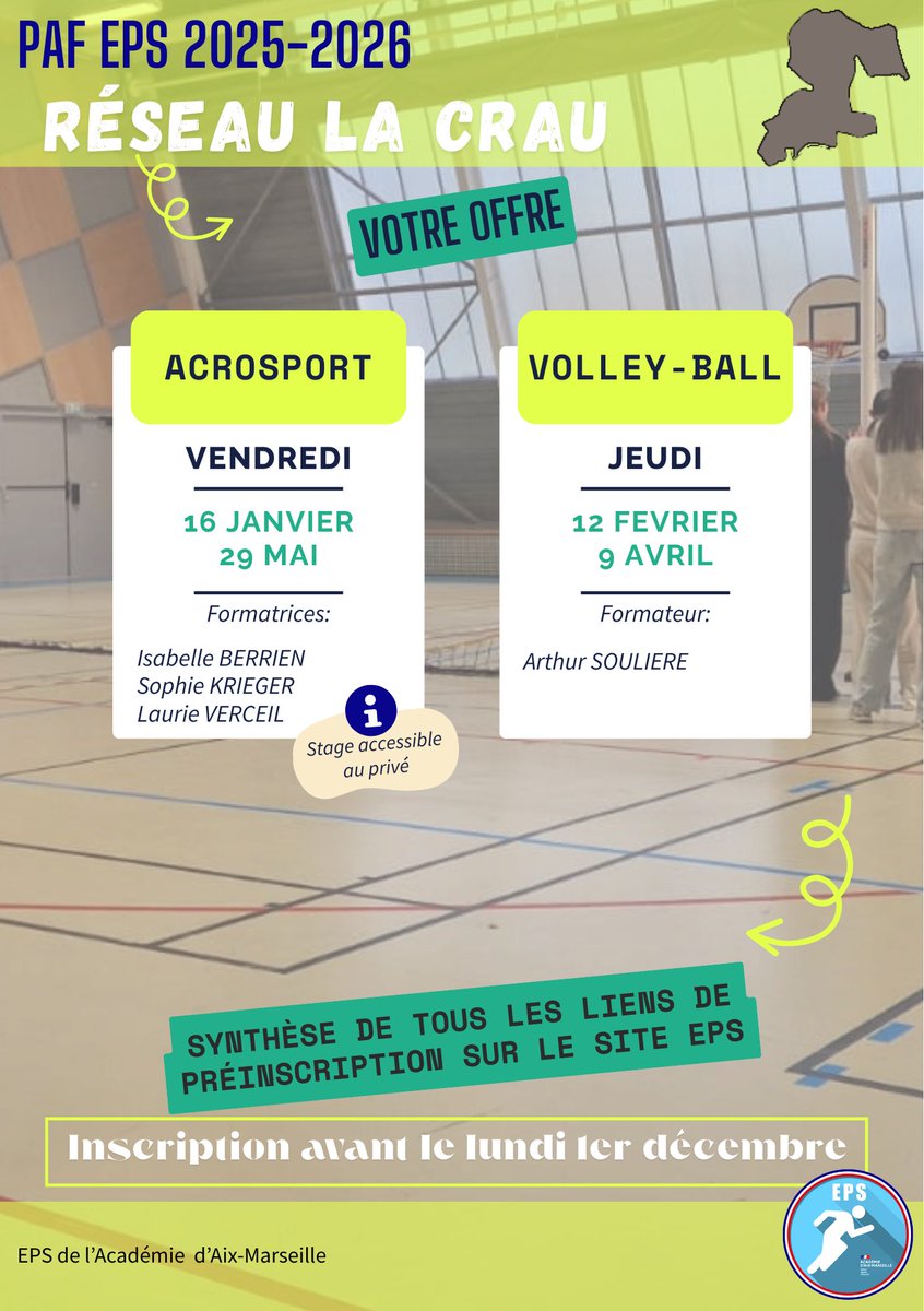 EPS_ac_aix_mars's tweet image. 📢 PAF EPS 2025/2026

👀 🔭 Zoom sur le réseau de La Crau  !

Au programme : 
🤸 Acrosport
🏐 Volley-ball 

ℹ️ Inscriptions sur l’Edito FC : pedagogie.ac-aix-marseille.fr/jcms/c_1147525…