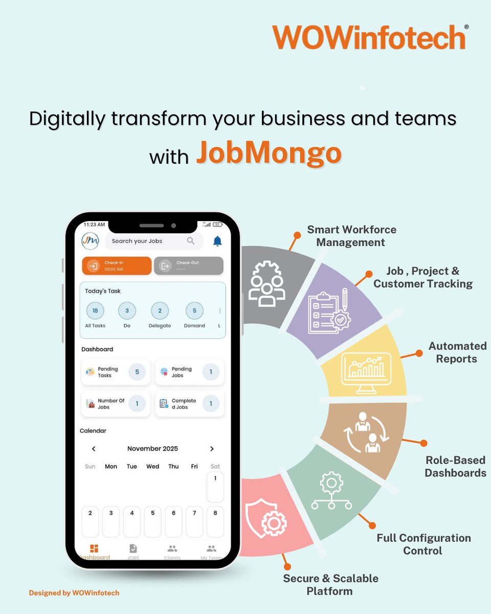 wowinfotech's tweet image. What if managing your entire workforce was just a tap away?
Meet #JobMongo built by #WOWinfotech to simplify and automate your business operations.
Track attendance, manage jobs, organize customers, &amp;amp;  get realtime reports all in one powerful platform.
#workforcetrackingsoftware