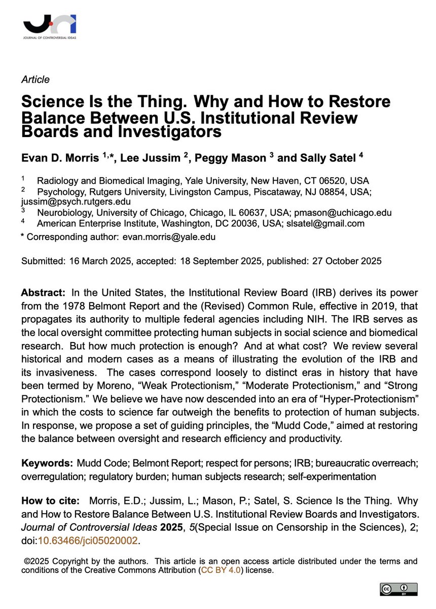 JamesLNuzzo's tweet image. Many of us have observed over the years the increased power and bureaucracy associated with university Institutional Review Boards (IRBs). In this article, @slsatel, @PsychRabble, and colleagues offer a plan to get IRBs back under control.