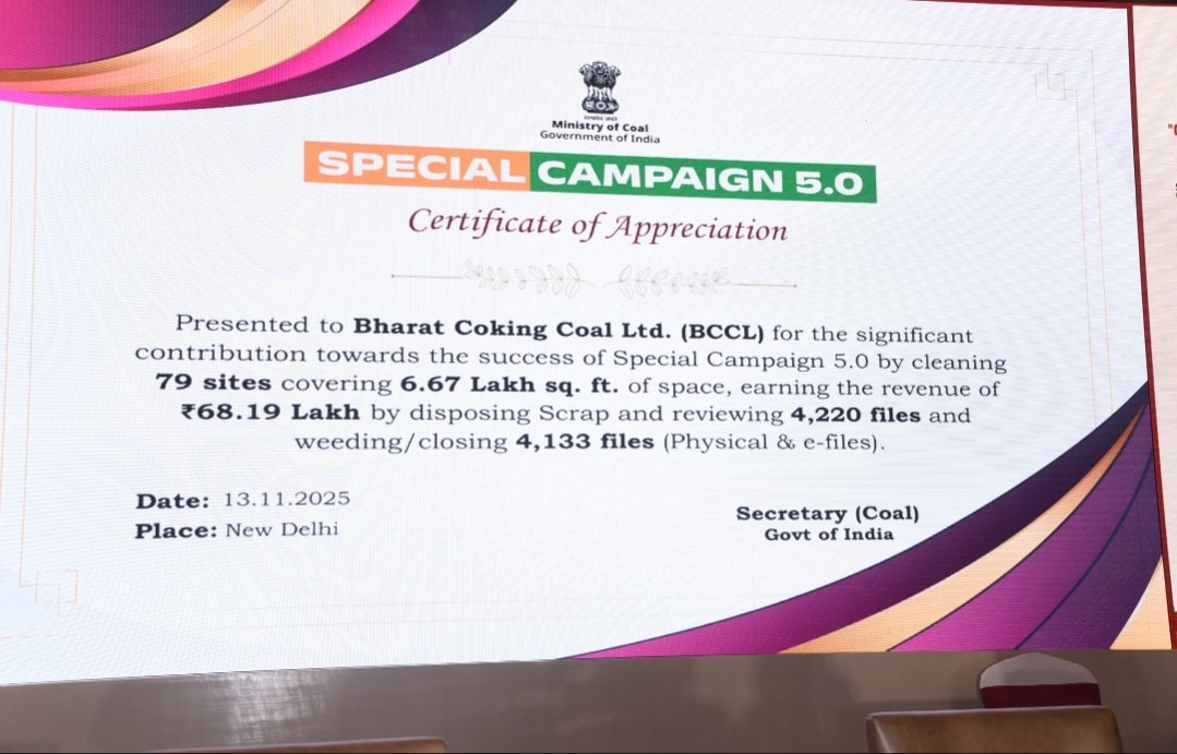 BCCLofficial's tweet photo. A proud moment for BCCL!
Hon’ble Minister of Coal & Mines, Shri G. Kishan Reddy, felicitated CMD, BCCL, Shri Manoj Kumar Agarwal with the Certificate of Appreciation for BCCL’s remarkable contribution to Special Campaign 5.0.

Through dedicated cleanliness and efficiency efforts across the company, BCCL successfully cleaned 79 sites, freed 6.67 lakh sq. ft. of space, generated ₹68.19 lakh from scrap disposal, and reviewed/weeded over 8,300 files.

This achievement reflects the hard work and commitment of all Areas, Units, and teams of BCCL.

#SHS2025 #SwachhataHiSeva2025 #Swachhotsav #SpecialCampaign5.0
#BCCL