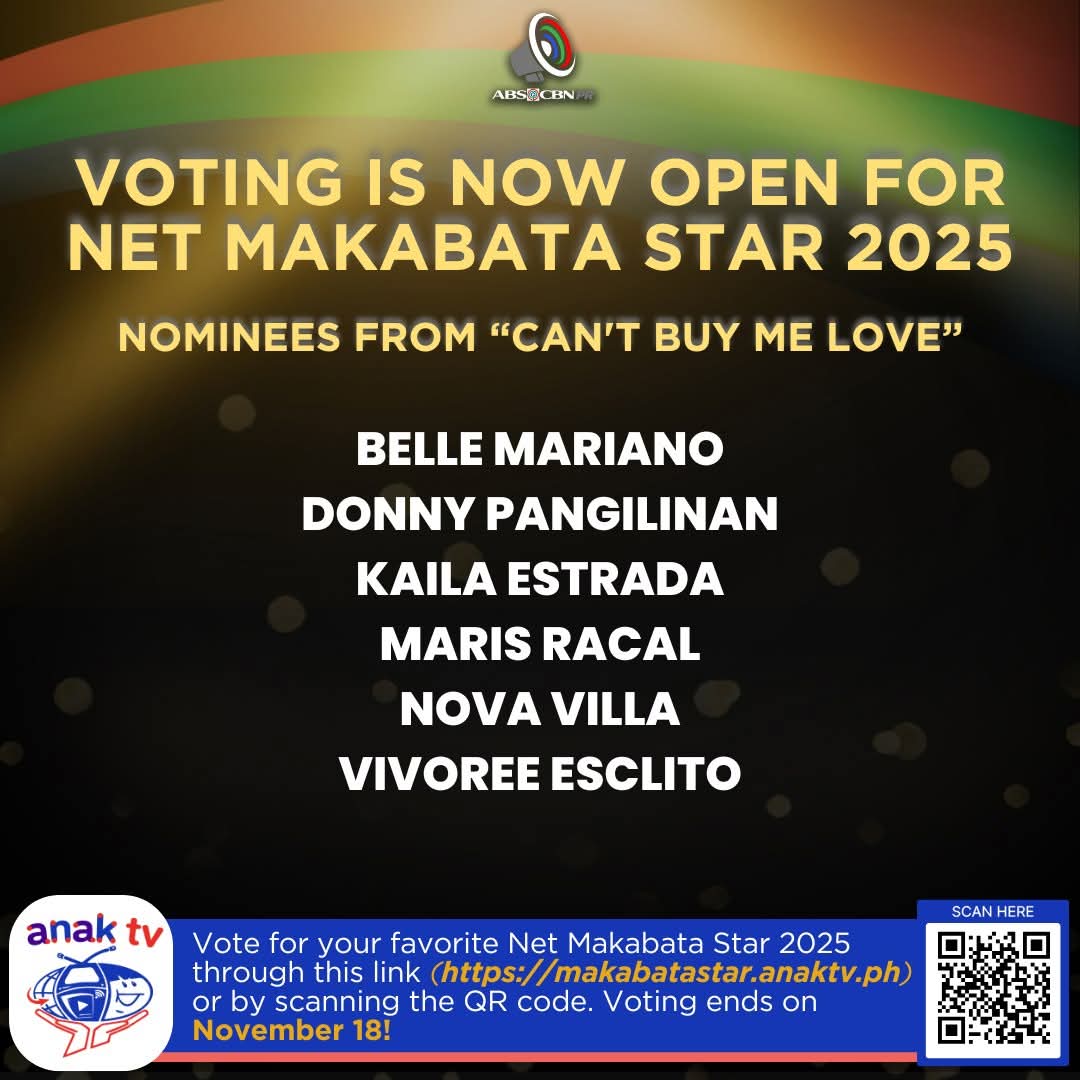 ABSCBNpr's tweet photo. Show your support for your favorite Kapamilya personalities! Cast your votes for Net Makabata Stars 2025 until November 18! Visit https://t.co/O7pJUJNiUc or scan the QR code now! Maraming salamat, Kapamilya! ❤️💚💙

#CantBuyMeLove #fyp https://t.co/q3fEqnKfam