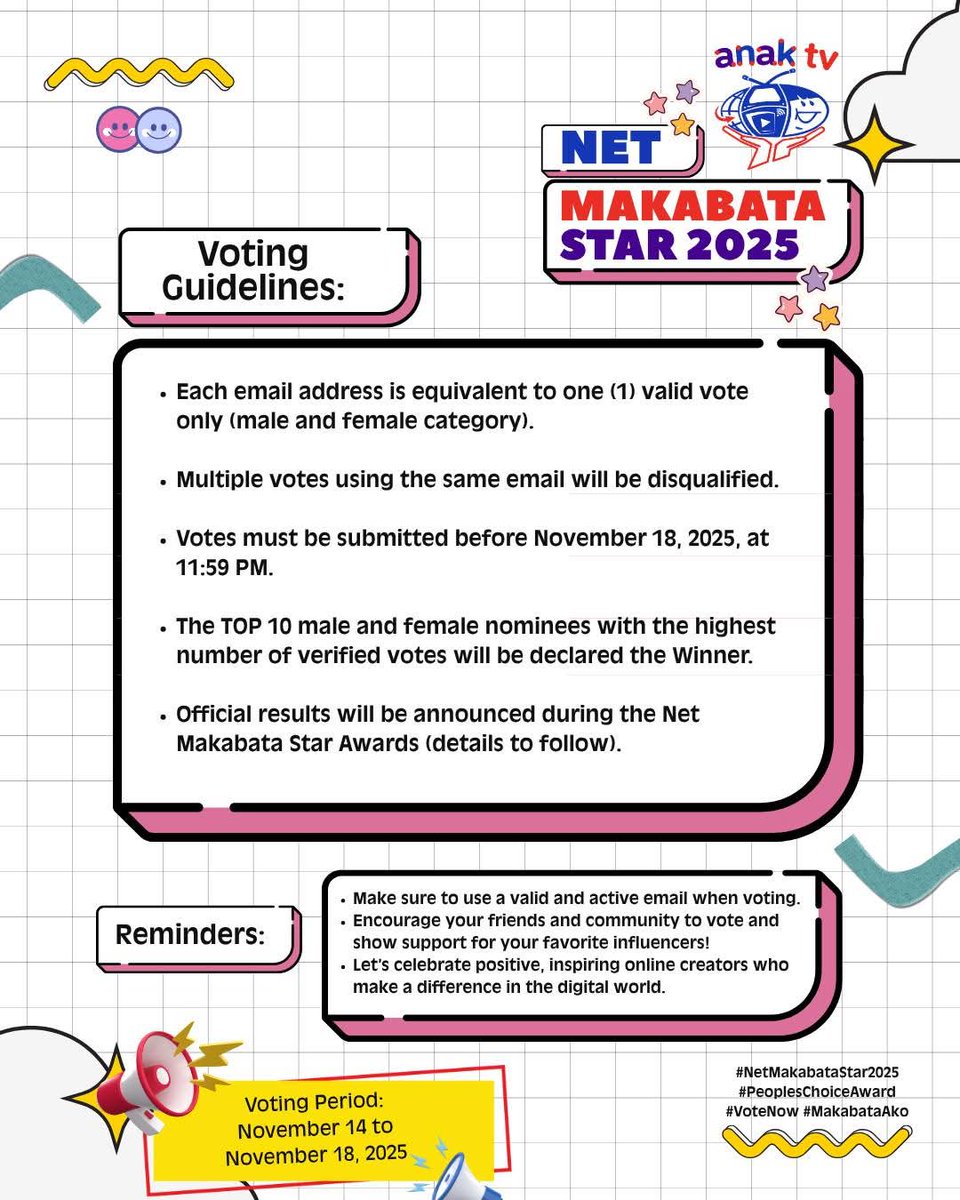 ABSCBNpr's tweet photo. Show your support for your favorite Kapamilya personalities! Cast your votes for Net Makabata Stars 2025 until November 18! Visit https://t.co/O7pJUJNiUc or scan the QR code now! Maraming salamat, Kapamilya! ❤️💚💙

#CantBuyMeLove #fyp https://t.co/q3fEqnKfam