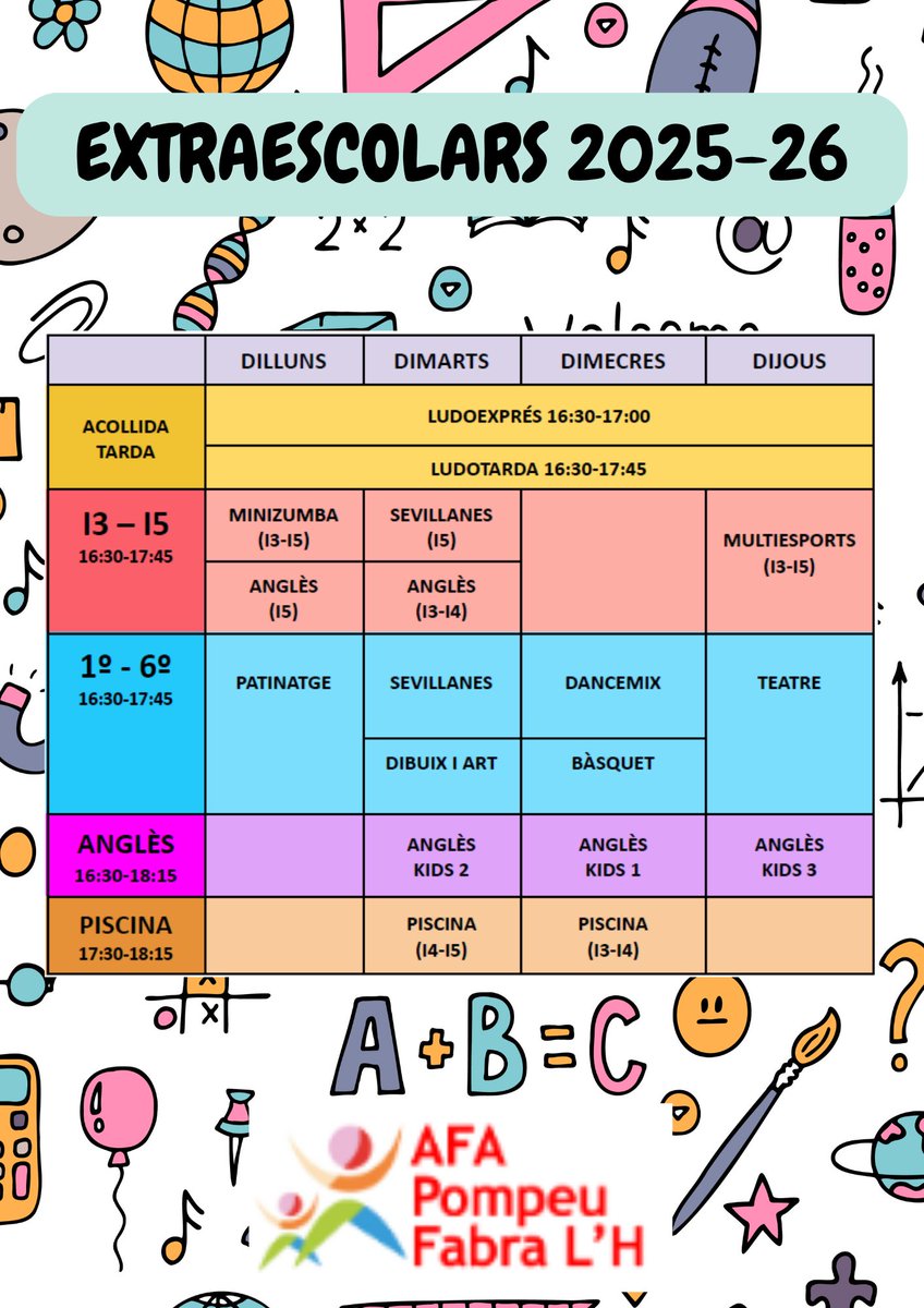 Us recordem el quadre definitiu de les activitats extraescolars per aquest curs.
Si tens interès en alguna activitat siguis o no del Pompeu, posa't en contacte a extraescolarspompeulh@gmail.com