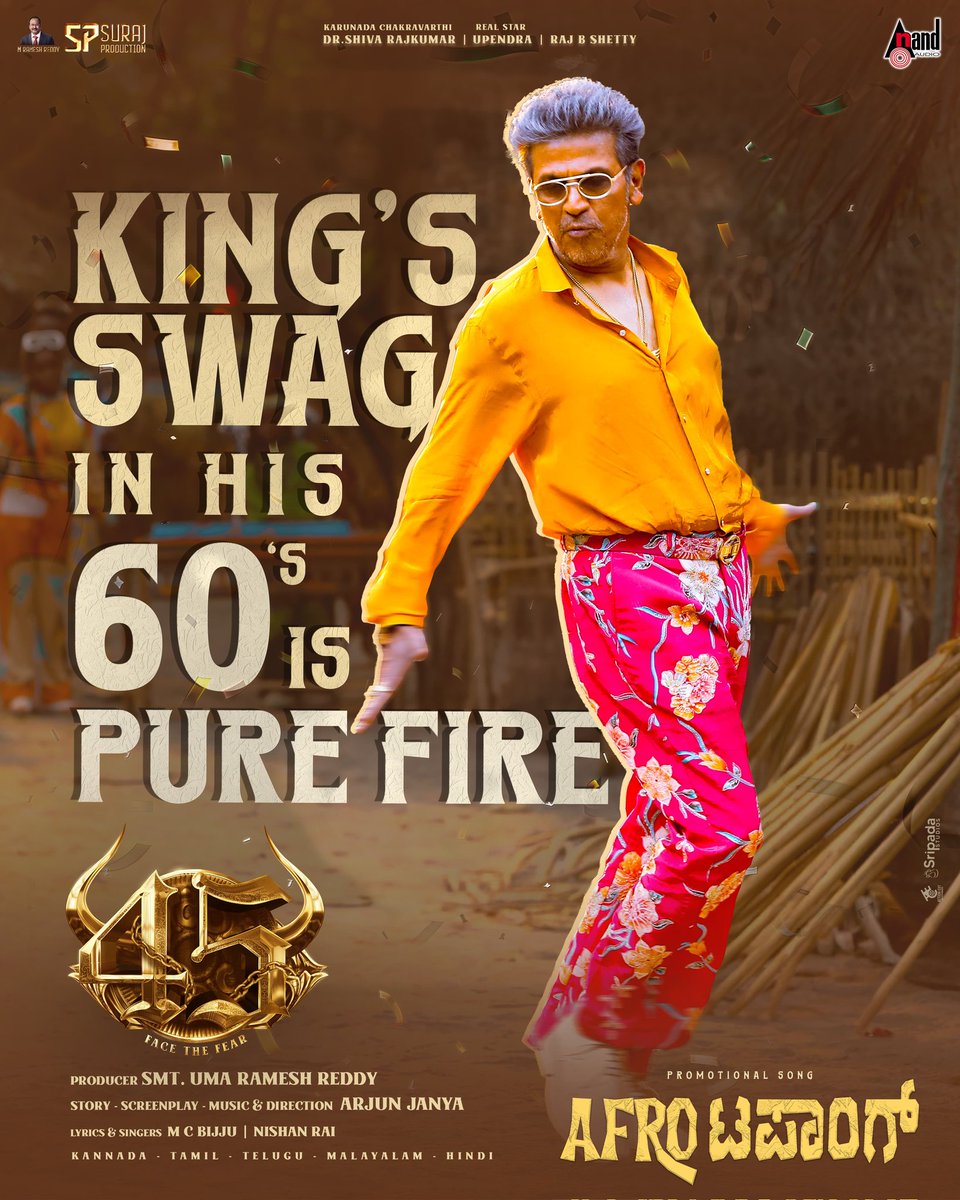 SurajProductio4's tweet photo. 25M+views & UNSTOPPABLE!🔥
#AFROTapaang the blockbuster hit of the season! King’s swag in his 60s is pure fire!
Join the trend → #45IconicSteps 💃🕺
WATCH NOW
🔗https://t.co/QyEyLc4E3N
#45TheMovie #MRameshReddy @ArjunJanyaMusic @NimmaShivanna @nimmaupendra @RajbShettyOMK https://t.co/RPoobsi8Ki