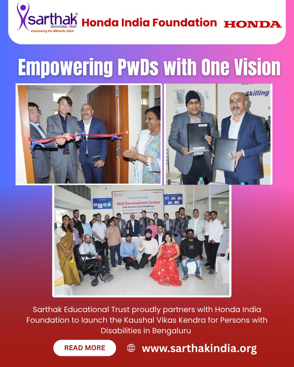 SarthakEducati2's tweet photo. Empowering Abilities, Building Futures !
Sarthak Educational Trust, in collaboration with @hondaindiacs , launches the Kaushal Vikas Kendra for PwDs in Bengaluru — enabling skill training, career readiness, and digital learning for 125 PwDs. 💙♿
@Honda 
#SarthakTrust #HondaIndiaFoundation #KaushalVikasKendra #SkillDevelopment #InclusionMatters