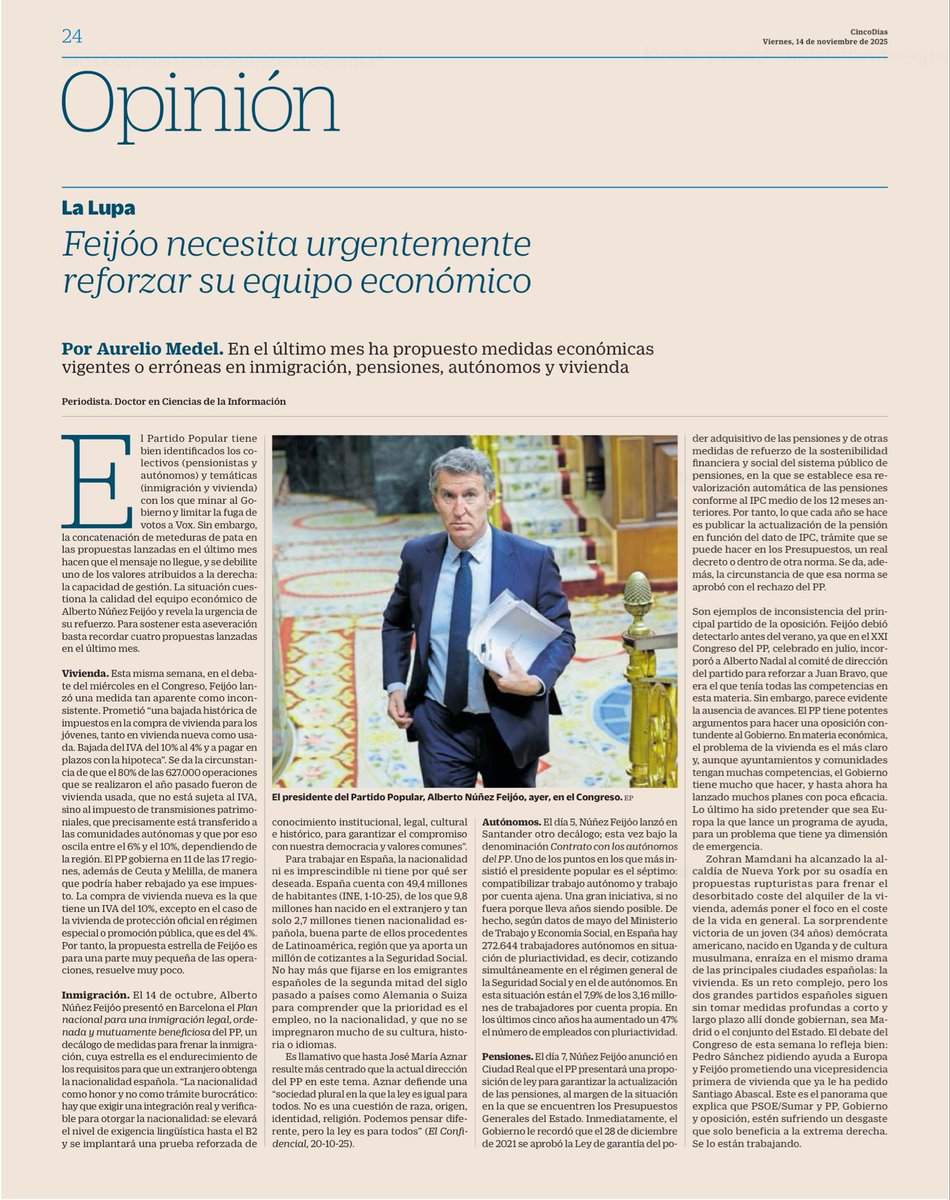 Feijóo necesita refuerzo urgente de su equipo económico.

En el último mes ha propuesto medidas económicas que ya están vigentes o son erróneas en vivienda, inmigración, pensiones y autónomos.

cincodias.elpais.com/opinion/2025-1…