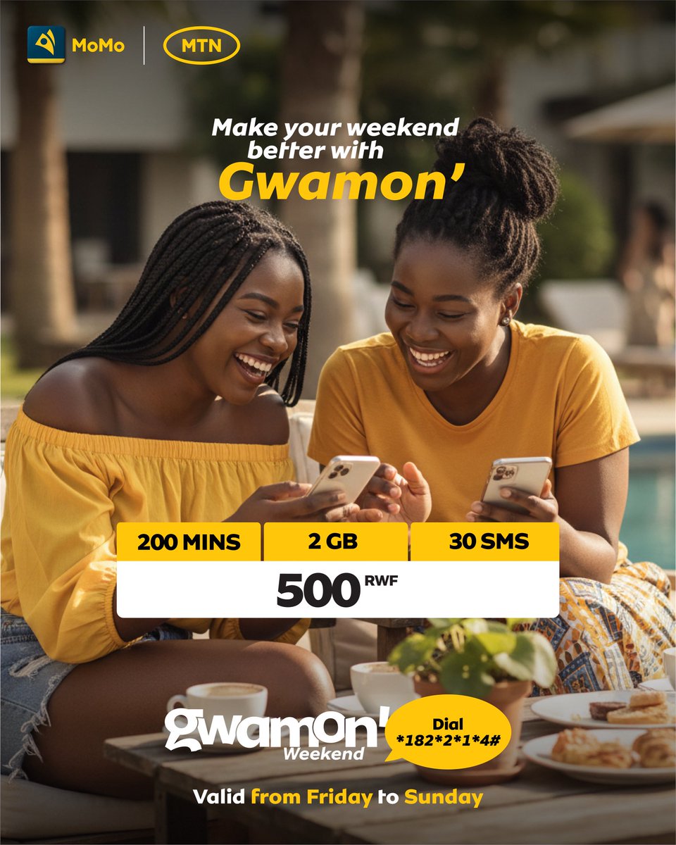 MTNRwanda's tweet photo. Make your weekend better with #Gwamon! 🔥
Get 200 minutes + 2GB + 30 SMS for just Rwf 500
Just for the weekend don’t miss out!
Dial *182*21*4# to get started.
#NicyoGihe https://t.co/zEF9Z0Y6AB