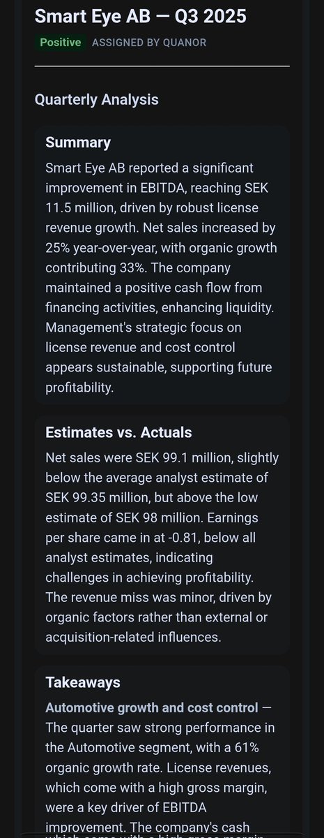 Smart Eye $Seye Q3 2025:
– EBITDA starkt upp till 11,5 MSEK
– Försäljning +25% YoY (organisk +33%)
– Likviditet stärkt av ny kredit
– Marginellt intäktsmiss mot konsensus
Övergripande positivt kvartal med god kostkontroll och hög licenstillväxt.