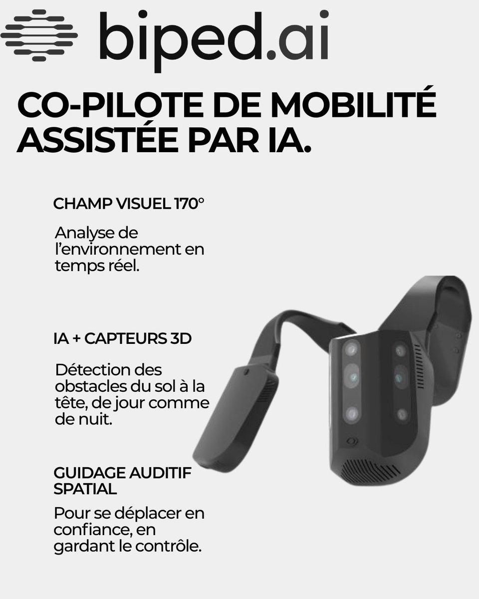 ExobotRobotique's tweet image. Fier de vous présenter NOA, le co-pilote de mobilité assistée par IA développé par Biped.ai, en collaboration avec des spécialistes de la réadaptation et des utilisateurs aveugles et malvoyants.

NOA analyse l’environnement en temps réel