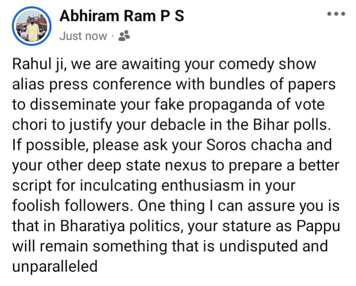 kk_abhiram37746's tweet image. Rahul ji, we are awaiting your comedy show alias press conference with bundles of papers to disseminate your fake propaganda of vote chori to justify your debacle in the Bihar polls.
#BiharElection2025