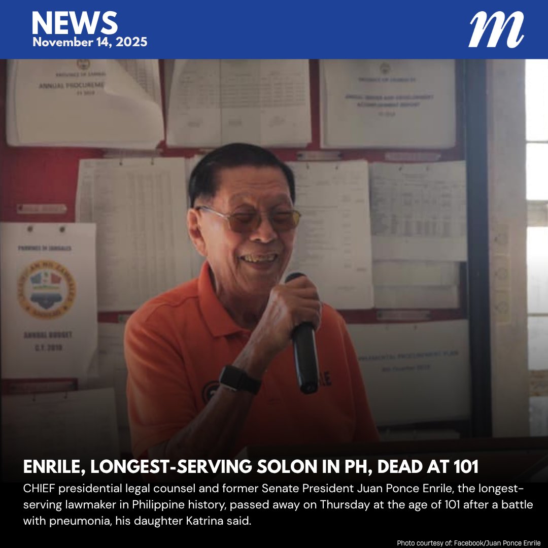 Chief Presidential Legal Counsel and former Senate President Juan Ponce Enrile, the country’s longest-serving lawmaker, passed away on November 13, 2025, at the age of 101 after battling pneumonia. 

FULL STORY: malaya.com.ph/.../enrile-lon…