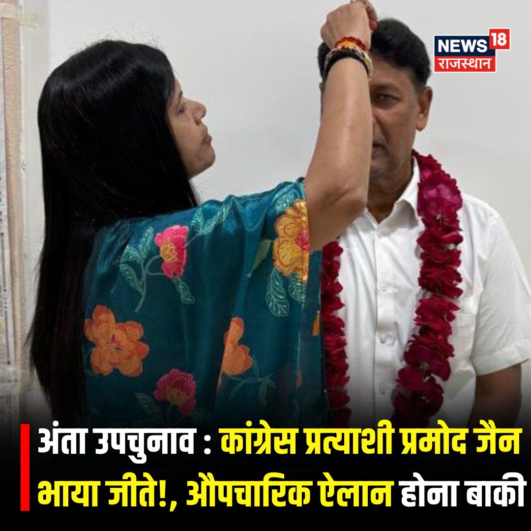 News18Rajasthan's tweet photo. अंता उपचुनाव पर सबसे बड़ी खबर
कांग्रेस प्रत्याशी प्रमोद जैन भाया जीते !
औपचारिक ऐलान होना बाकी
17वें राउंड में भारी मतों से चल रहे आगे
अब केवल 2 राउंड की मतगणना बाकी
दूसरे पर मोरपाल सुमन, तीसरे पर नरेश मीणा
#ResultswithNews18 #PramodJainBhaya #AntaByElection #RajasthanNews #RajasthanCongress #RajasthanWithNews18