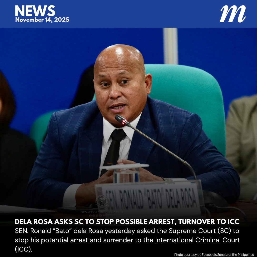 Sen. Ronald “Bato” dela Rosa has asked the Supreme Court to block any move to arrest or surrender him to the International Criminal Court over alleged crimes against humanity tied to the Duterte administration’s “Oplan Tokhang.” 

FULL STORY: malaya.com.ph/.../dela-rosa-…