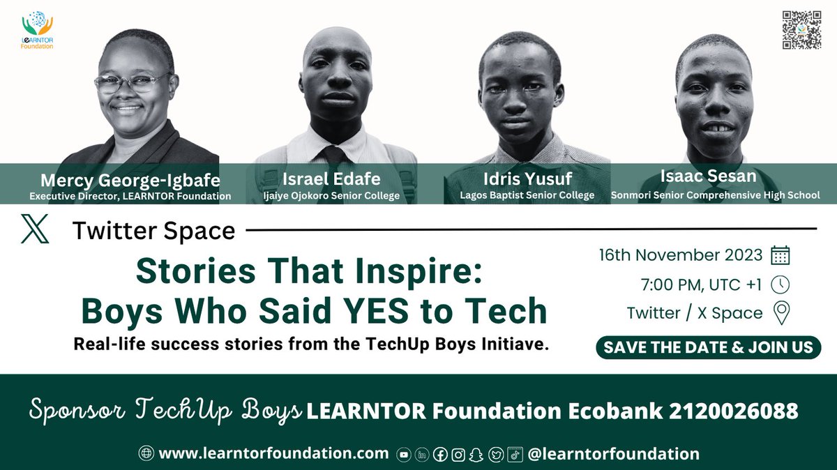 LearntorFdn's tweet photo. What does it take for boys to say YES to Tech &amp; NO to Crime?
Join us on Sunday, 16th Nov 25, 7 PM (UTC+1)

TechUp Boys X Space: 
✅ Real stories
✅ Real impact
✅ A movement shaping Africa’s future
👉 Join here: 
@Learntorfdn

#TechUpBoys #YesToTechNoToCrime #AfricaRising https://t.co/U0HiEzBHju