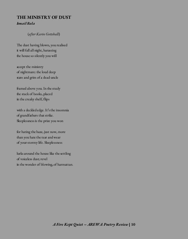 We featured the renowned poet <a href="/IsmailaBala/">Ismael Bala</a> in our latest anthology, A Fire Kept Quiet. 

You can find the second poem by clicking the link below to download a free copy
sevhage.com/2025/11/07/sev…