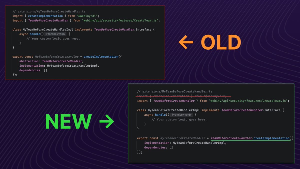 WebinyCMS's tweet image. A little DX win as we near the finish line for Webiny v6 🏁

Extending built-in features is cleaner now — no more @webiny/di imports or manual calls. Just your code. 👇