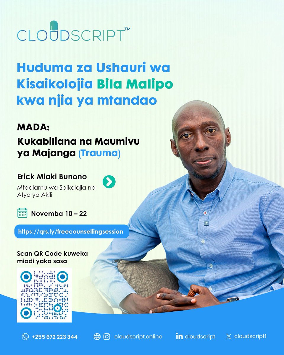 CloudScript1's tweet image. Kwenye maisha, tunapitia mengi na wengine wanaendelea kuumia kimya kimya. Lakini hauko peke yako.

Tumekuandalia fursa maluum ya kupata msaada na ushauri-tiba kutoka kwa mtaalamu wa afya ya akili, BURE kabisa.

📅Huduma hii itapatikana mpaka Novemba 22!

🔗qrs.ly/freecounsellin…
