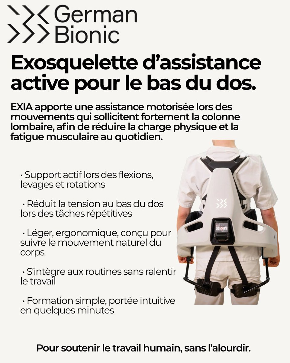 ExobotRobotique's tweet image. L’exosquelette EXIA aide à réduire la charge physique au bas du dos lors des tâches exigeantes du quotidien.Notre objectif est simple : Permettre aux équipes de travailler efficacement, sans s’épuiser. 

🔗Demandez une démonstration d’EXIA

exobot.ca/exia