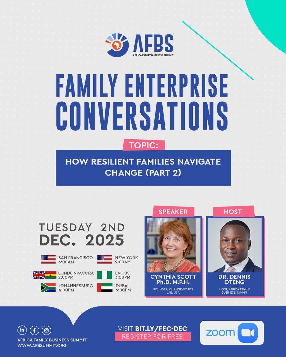 _afbsummit's tweet image. How do resilient families navigate change?
Join Cynthia Scott with host Dr. Dennis Oteng on 2 Dec for practical tools to protect relationships and sustain family businesses.
🕐 1PM GMT | Free → bit.ly/FEC-DEC
#AFBS #FamilyBusiness #Resilience #ChangeLeadership