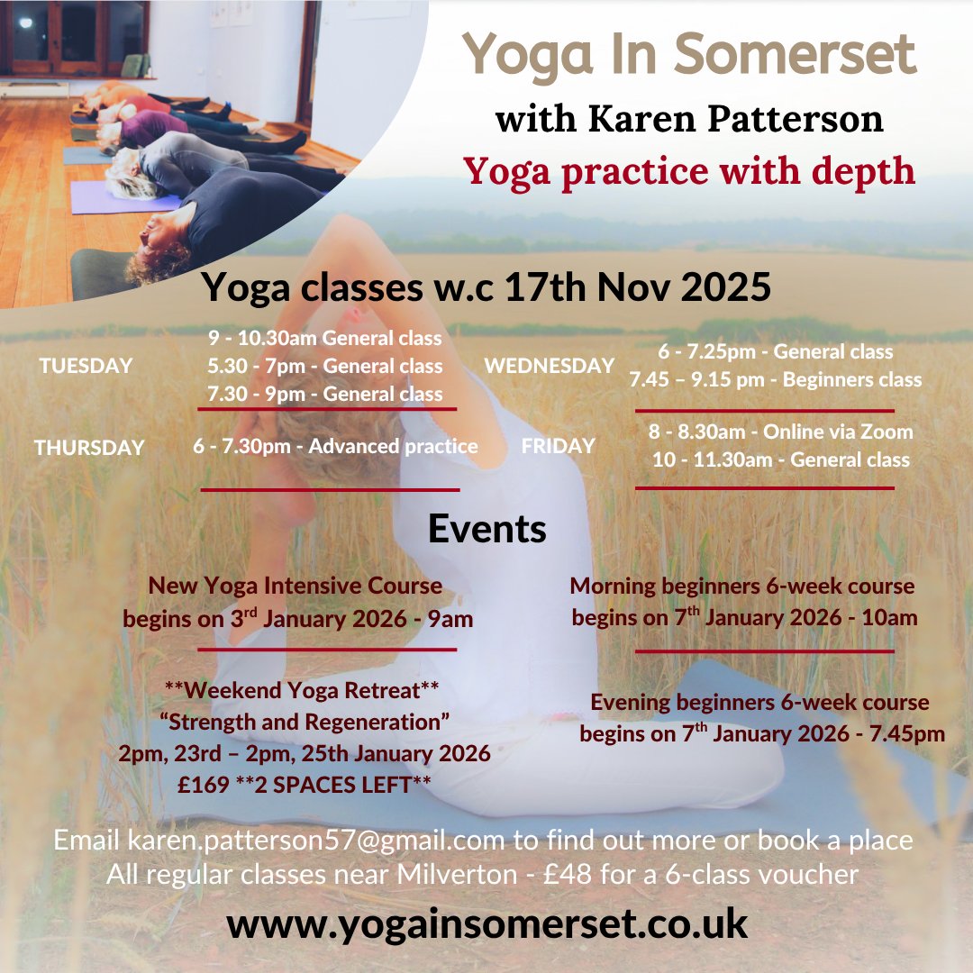 Yoga class schedule - week commencing 17th Nov 2025
#yoga #somerset #yogainsomerset #milverton #neartaunton