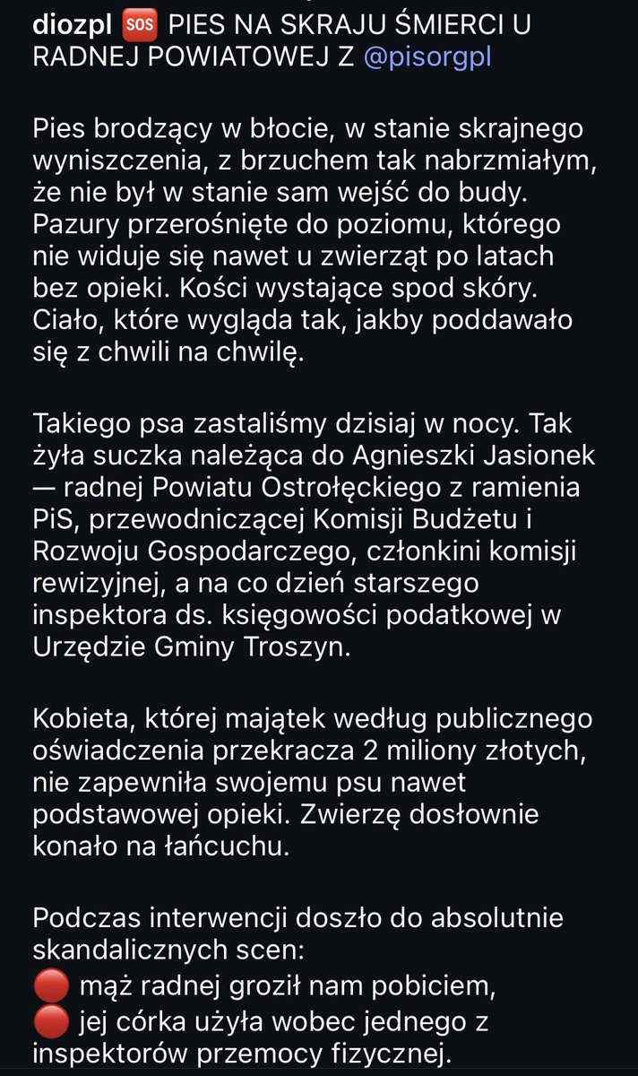 Ms_Sylvia_Es's tweet photo. Tak PiSowskie mendy dbają o życie i zdrowie najsłabszych‼️🤬🤬🤬
Radna powiatu Ostrołęckiego z ramienia PiS, której majątek według oświadczenia majątkowego wynosi 2 ml‼️
Pies skrajnie wychudzony z brzuchem jak balon 😢
Zobaczcie sami….💔
#DiozPl
https://t.co/kdTF5pvD3g https://t.co/EY3kJDz1vB