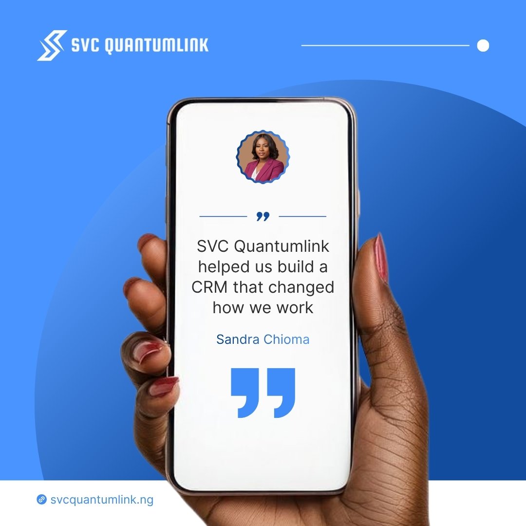 SvcQuantumlink's tweet image. Svc Quantumlink helped us build a CRM that changed how we work.” – Sandra Chioma. Real results, real impact.

#ClientLove #TechSuccess #CRMDevelopment 
#QuantumlinkImpac