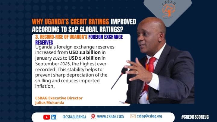 influencer74's tweet image. Uganda’s credit rating climbs higher thanks to record-breaking foreign exchange reserves 💰📊. From USD 3.3B to USD 5.4B in just nine months—CSBAG’s ED  @JuliusMukunda explains how this shields the shilling and curbs inflation. #CreditScoreUG