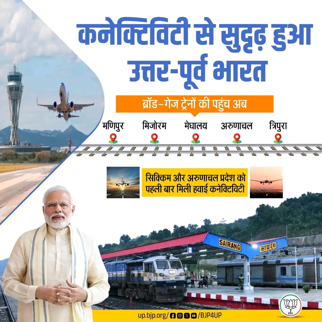 भाजपा सरकार के इंफ्रा-निवेश और कल्याणकारी योजनाओं से उत्तर-पूर्व भारत का समग्र विकास सुनिश्चित हुआ है। 

ब्रॉड-गेज ट्रेनों की पहुंच अब मणिपुर, मिजोरम, मेघालय, अरुणाचल और त्रिपुरा तक हुई है, जबकि सिक्किम और अरुणाचल को पहली बार हवाई कनेक्टिविटी मिली है।
#BJP4ViksitBharat #BJP4UP