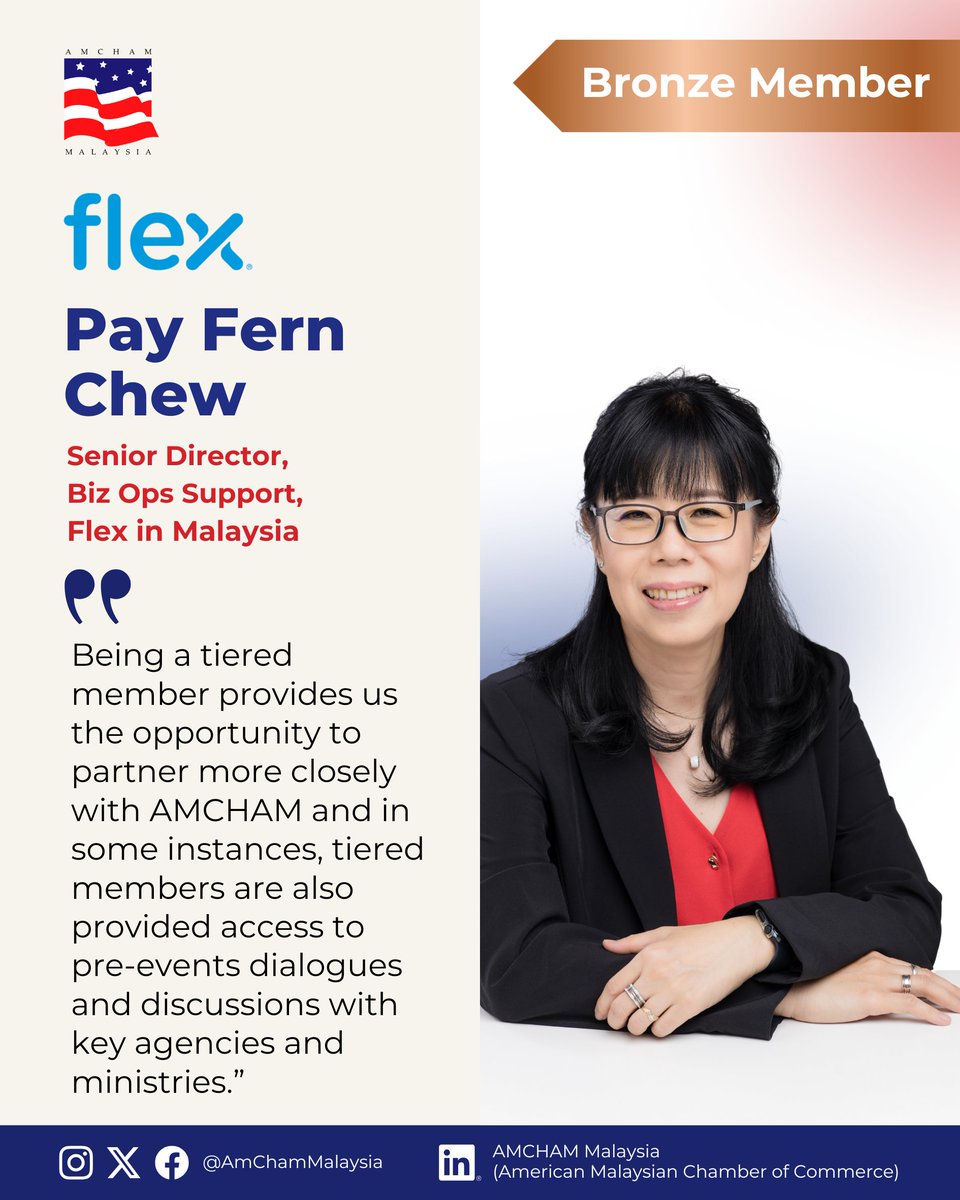 AmChamMalaysia's tweet image. In this edition of our Member Feature Series, we’re proud to feature a Bronze Tiered Member, Pay Fern Chew, Senior Director, Biz Ops Support, Flex in Malaysia. 

Read More: amcham.com.my/43967-2/

#AMCHAM #MemberFeature #LeadershipNetwork #TieredMembership #Flextronics