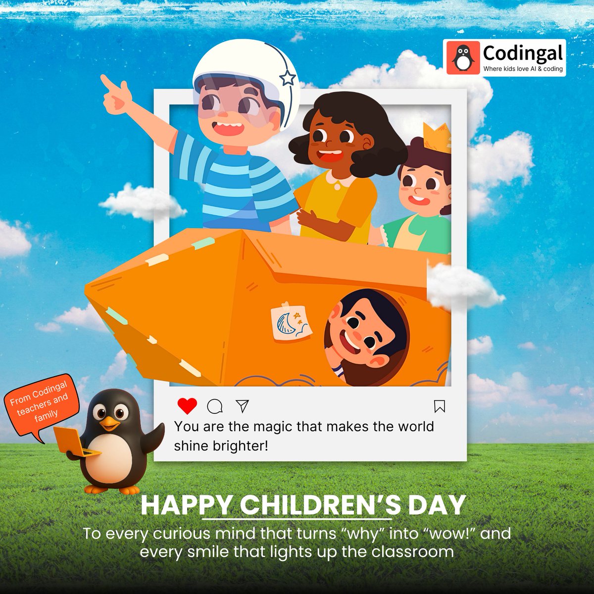 codingal's tweet image. ✨Every child is a little spark of magic—curious, creative and ready to take off.✨
Happy Children’s Day from the Codingal family to all our young dreamers and coders in the making.💪

Give wings to your child&apos;s dream, join Codingal to give their dreams a direction.…