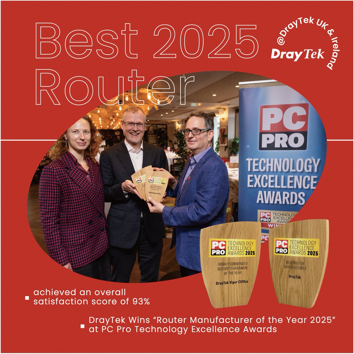 DrayTek Wins “Router Manufacturer of the Year 2025” at the PC Pro Excellence Awards

DrayTek has been named “Router Manufacturer of the Year 2025” by PC Pro - one of the UK's most respected technology publications.

With an overall satisfaction score of 93%, DrayTek secured the