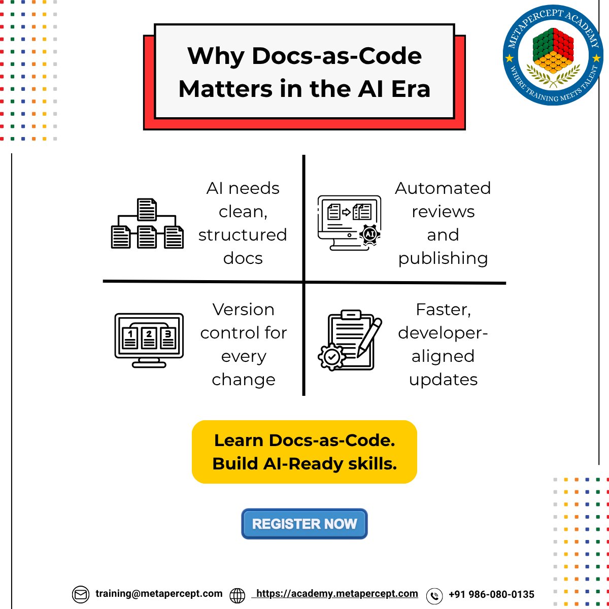 WritingAdvanced's tweet image. In the AI era, docs must ship like code.
With #DocsAsCode, write in #Markdown, version with #Git, and publish fast.
That’s modern #TechnicalWriting.
Learn it at Metapercept Academy
🔗 training.metapercept.com/?utm_source=tw…
#ContentAutomation #GitDocs #DevAligned #DocOps  #AIReady
