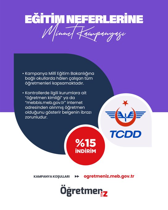 Purple background poster with white text announcing Education Warriors Gratitude campaign, blue circle detailing 40 percent discount on culture and entertainment book purchases for campaign participants using special library cards from Turkish Airlines Bank logo, red button for campaign details linking to ogretmeniz.meb.gov.tr, bottom features ÖğretmenİZ logo and Ministry of National Education seal.