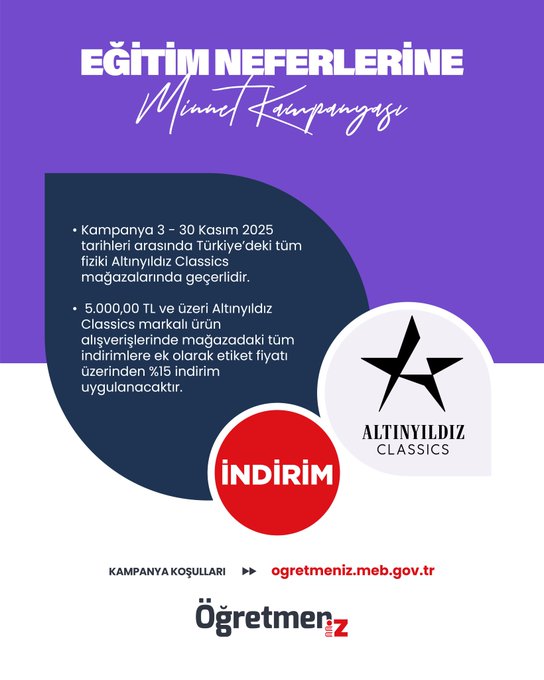 Purple background poster with white text announcing Education Warriors Gratitude campaign, blue circle detailing 40 percent discount on culture and entertainment book purchases for campaign participants using special library cards from Turkish Airlines Bank logo, red button for campaign details linking to ogretmeniz.meb.gov.tr, bottom features ÖğretmenİZ logo and Ministry of National Education seal.